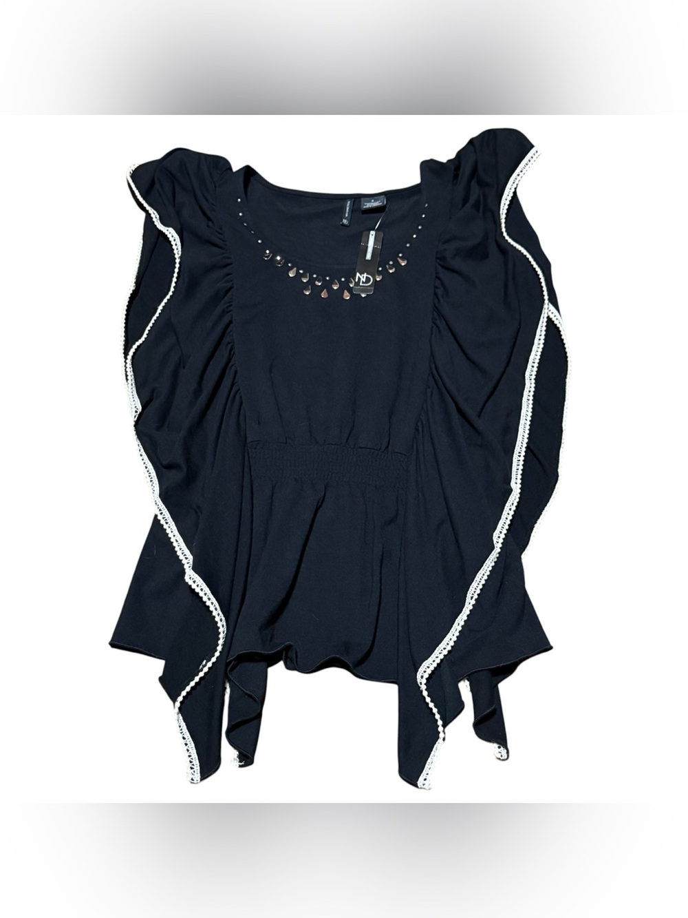 New Directions Women’s Small Black Ruffled White Lace Trim Blouse Top Shirt